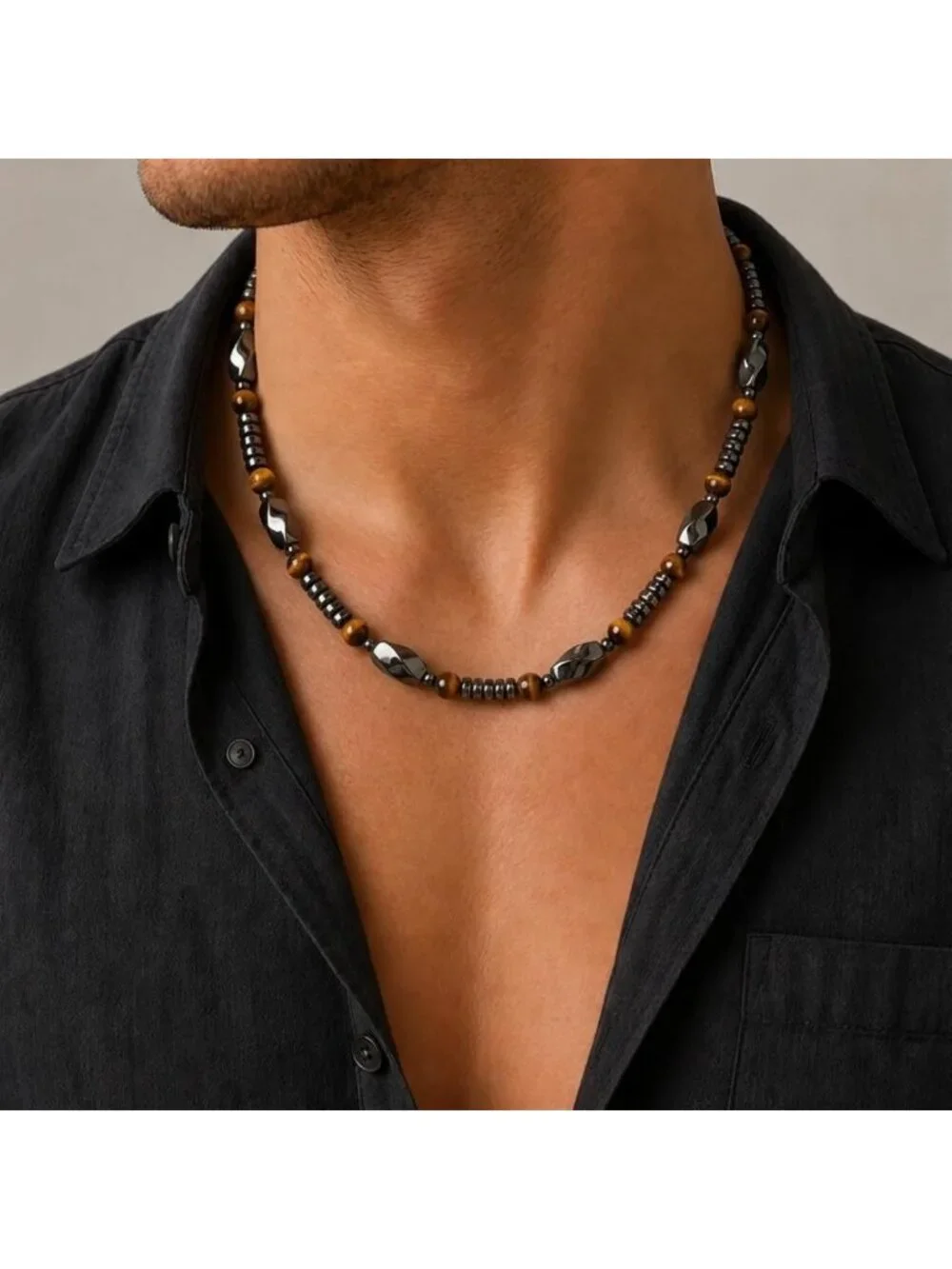Men's Tiger Eye & Hematite Beaded Necklace - Natural Stone Jewelry, Magnetic